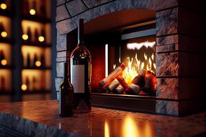 Wine room with fireplace, bottles of wine, glasses, interior of the room. photo