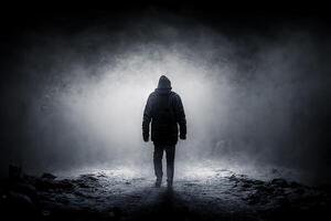 A man walking in the fog on the road. Foggy night. photo