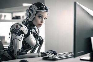 A female robot in the office at the computer. Chat Bot AI, smart robot technology. photo