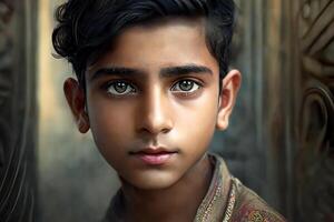 Portrait of an Indian boy looking straight ahead, dark background. photo