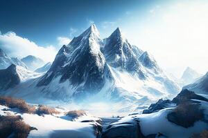 High mountains with a glacier, the tops of the mountains covered with snow. Mountain landscape. photo