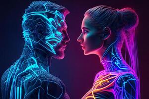 Social media, neon man and woman look at each other. Virtual communication. photo