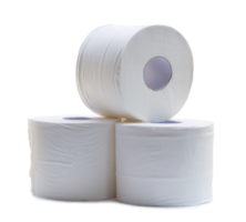 three rolls of white tissue paper or napkin in stack prepared for use in toilet or restroom isolated with clipping path and shadow in png format
