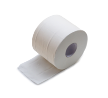 Close up photo of single roll of white tissue paper or napkin prepared for use in toilet or restroom isolated with clipping path and shadow in png format