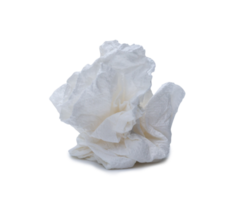 Single screwed or crumpled tissue paper or napkin in strange shape after use in toilet or restroom isolated with clipping path and shadow in png format
