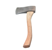 Old rust dirty dark gray Thai or Asian axe with brown wooden handle isolated with clipping path in png format