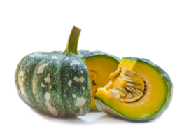 Green pumpkin with strange pattern and slice isolated with clipping path and shadow in png format