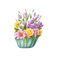 Wicker basket with colorful pastel Easter eggs, spring flowers . AI Generated png