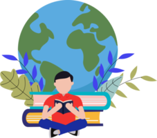 man reading a book against globe background. read a book. reading book concept. world book day png