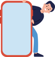 man hold big smartphone. man standing behind big phone template. man holding smartphone. png