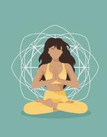 A girl in the lotus position does yoga, meditates, faceless style, vector illustration