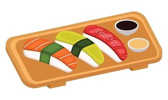 Sushi bar en de madera plato con atún, salmón, palta, y sésamo vector