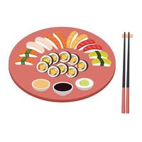 Sushi bar on wooden plate with tuna, salmon, avocado, and sesame vector