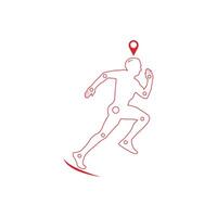 Snowboarder with a pin on the map. running man fitness points. Vector linear illustration.