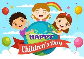 Happy Children Day Vector Illustration with Boy and Girl Kids in Toys on Background Flat Cartoon Hand Drawn for Web Banner or Landing Page Templates