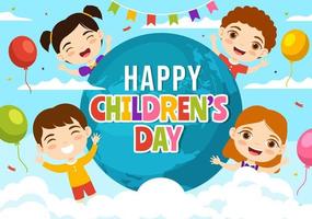 Happy Children Day Vector Illustration with Boy and Girl Kids in Toys on Background Flat Cartoon Hand Drawn for Web Banner or Landing Page Templates