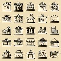 icono conjunto de edificio. edificio elementos. íconos en mano dibujado estilo. bueno para huellas dactilares, web, carteles, logo, sitio plan, mapa, infografía, etc. vector