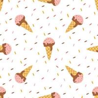 Twisted ice cream cone. Stylized ice cream seamless pattern. Summer sweet dessert background with drops. Sweet dessert wrapper with drops. Cute ice cone pastel background, print. Vector illustration.