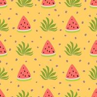 Watermelon seamless pattern. Cute summer fruit background. Yellow color. Tropical watermelon design Palm leaves fabric textile wallpaper, watermelon digital paper, scrapbook. Vector illustration.