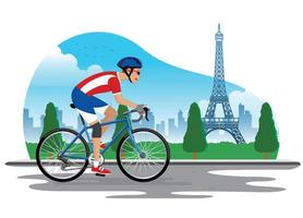 man cycling in france with eiffel tower background vector