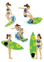 girl character surfing set vector