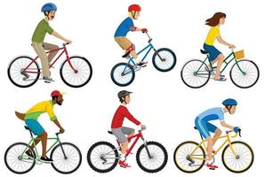 people riding various of bicycle in set vector