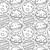 Cute seamless pattern with kawaii planets and stars on white background. Vector hand-drawn illustration in doodle style. Perfect for print, decorations, wrapping paper, wallpaper.