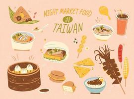 delicioso Taiwán noche mercado comida colección en mano dibujado estilo vector