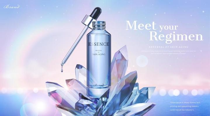 Elegant essence ads with clear crystal element on bokeh ocean background in 3d illustration