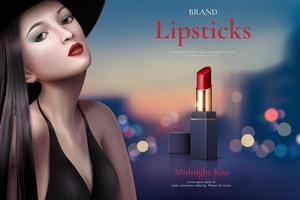 Attractive lipstick ads with sexy model on bokeh city dusk background, 3d illustration vector