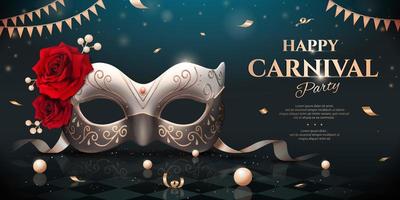 Masquerade party design with silver mask and roses in 3d illustration on bokeh glittering background vector