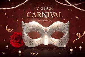 Venice carnival design with pearl white mask and streamers in 3d illustration vector