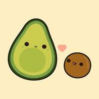 A cartoon avocado and a cute face are looking at a small avocado pit. vector