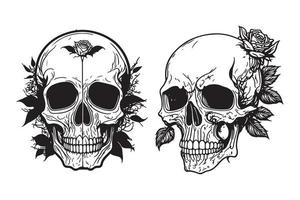 Skull With Rose Flower Black Outline Vector, Human skull with rose sketch drawing, tattoo vector illustration isolated on white background