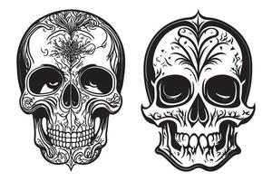 Tribal skull tattoo design black outline vector on white background, Skull with floral design vector