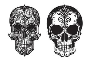 Tribal skull tattoo design black outline vector on white background, Skull with floral design vector