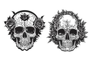 Skull With Rose Flower Black Outline Vector, Human skull with rose sketch drawing, tattoo vector illustration isolated on white background