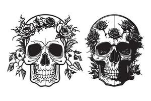 Skull With Rose Flower Black Outline Vector, Human skull with rose sketch drawing, tattoo vector illustration isolated on white background