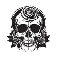 Skull With Rose Flower Black Outline Vector, Human skull with rose sketch drawing, tattoo vector illustration isolated on white background