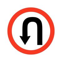 Black go back return arrow icon in red circle, simple vector u turn shape pointer flat design.