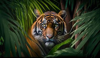 Sumatran tiger looking at the camera,tiger walking in tropical forest conservation . photo