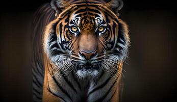 Sumatran tiger looking at the camera,tiger walking in tropical forest conservation . photo