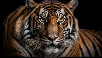 sumatra Tigre mirando a el camara,tigre en negro antecedentes .generativo ai foto