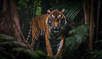 Sumatran tiger looking at the camera,tiger walking in tropical forest conservation . photo