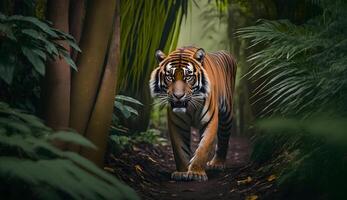 sumatra Tigre mirando a el camara,tigre caminando en tropical bosque conservación .generativo ai foto