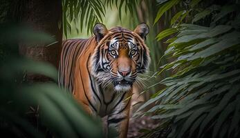 Sumatran tiger looking at the camera,tiger walking in tropical forest conservation . photo