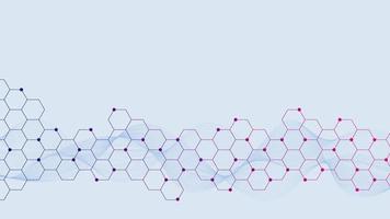 resumen hexagonal antecedentes con partículas y ola fluir para medicamento, química, Ciencias y tecnología fondo concepto diseño. vector ilustración.