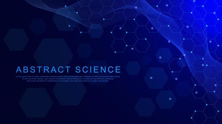Abstract hexagonal molecule with particles background for scientific, medicine, chemistry, chemical, science and technology backdrop. Vector illustration.