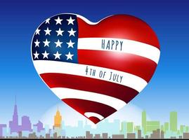 Happy Independence day vector illustration with heart, american flag and megapolis cityscape silhouette. 4th of July, US independence day. Design for posters, banners, flyers, greeting cards.