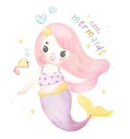 Cute sweet colorful pastel watercolor happy joyful little mermaid pink hair, whimsical adorable children cartoon character hand painting illustration vector